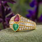Vintage Bezel Heart Cut Ruby & Emerald Sapphire Engagement Ring