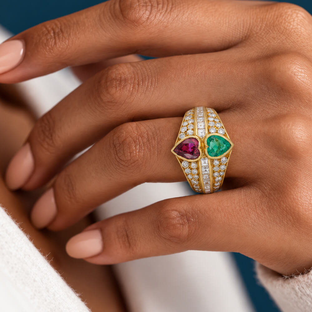 Vintage Bezel Heart Cut Ruby & Emerald Sapphire Engagement Ring