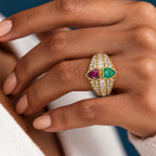 Vintage Bezel Heart Cut Ruby & Emerald Sapphire Engagement Ring