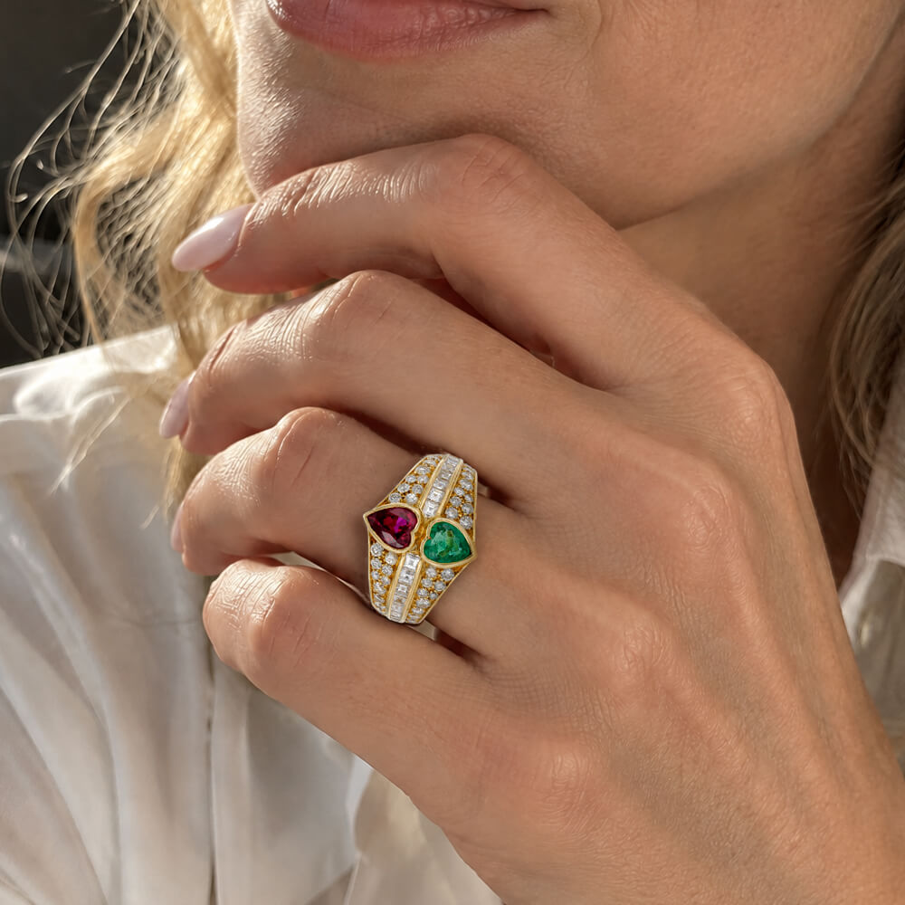 Vintage Bezel Heart Cut Ruby & Emerald Sapphire Engagement Ring