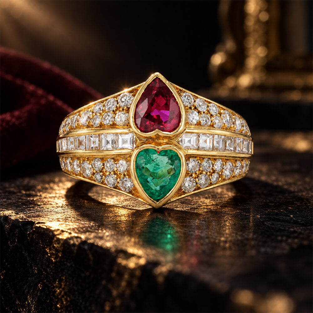 Vintage Bezel Heart Cut Ruby & Emerald Sapphire Engagement Ring