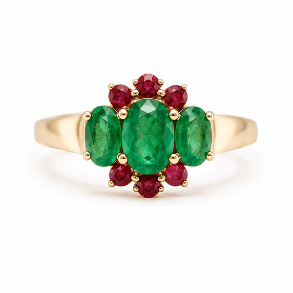 Unique Design Yellow Gold Half Halo Oval Cut Emerald Sapphire Engagement Ring