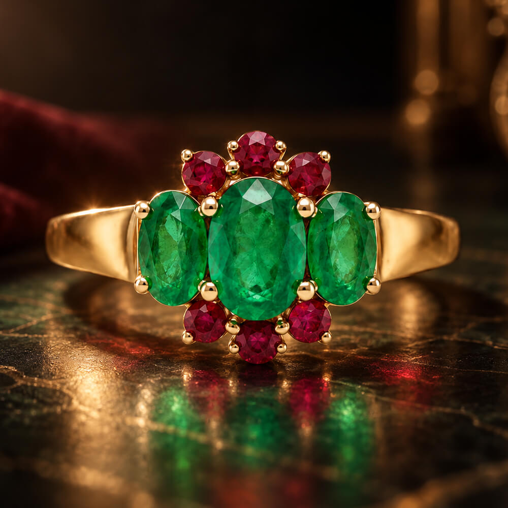 Unique Design Yellow Gold Half Halo Oval Cut Emerald Sapphire Engagement Ring
