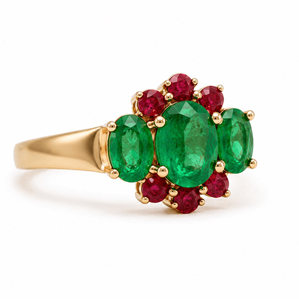 Unique Design Yellow Gold Half Halo Oval Cut Emerald Sapphire Engagement Ring