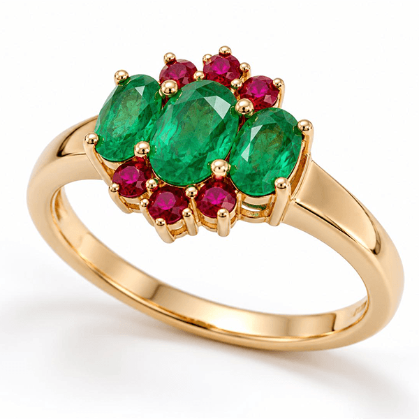 Unique Design Yellow Gold Half Halo Oval Cut Emerald Sapphire Engagement Ring