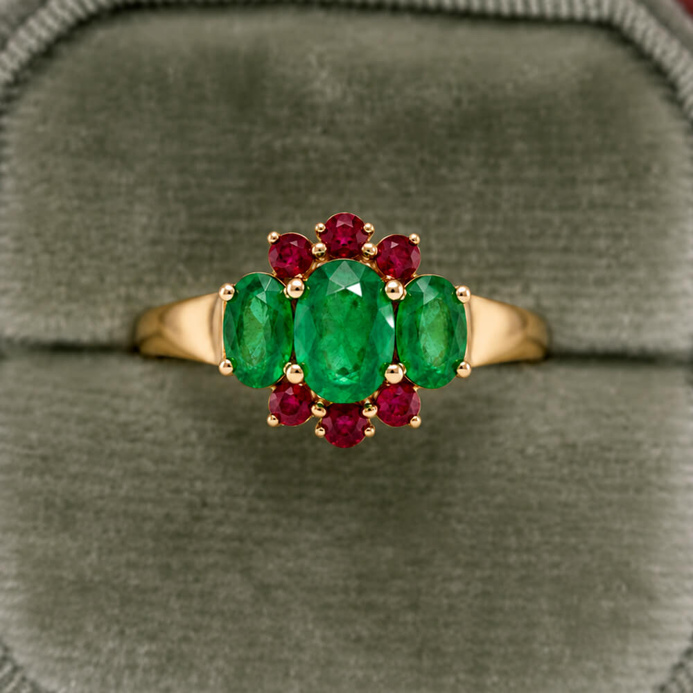 Unique Design Yellow Gold Half Halo Oval Cut Emerald Sapphire Engagement Ring