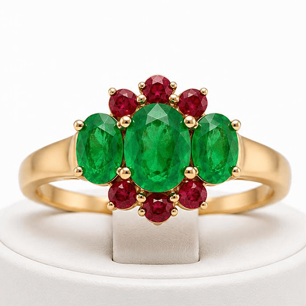 Unique Design Yellow Gold Half Halo Oval Cut Emerald Sapphire Engagement Ring