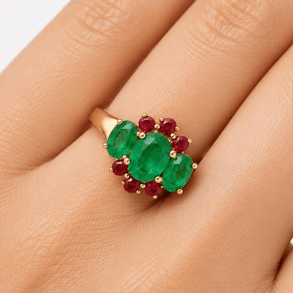 Unique Design Yellow Gold Half Halo Oval Cut Emerald Sapphire Engagement Ring