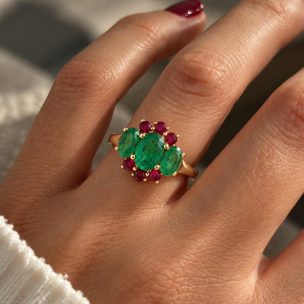 Unique Design Yellow Gold Half Halo Oval Cut Emerald Sapphire Engagement Ring