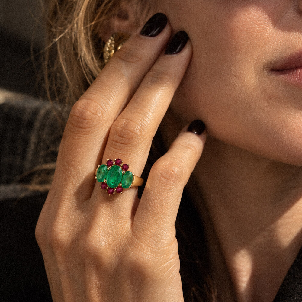 Unique Design Yellow Gold Half Halo Oval Cut Emerald Sapphire Engagement Ring