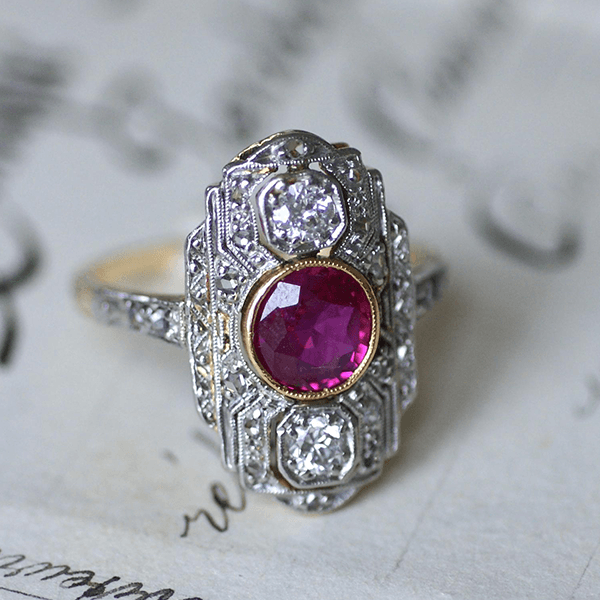Art Deco Two Tone Bezel Round Cut Ruby & White Sapphire Engagement Ring