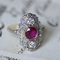 Art Deco Two Tone Bezel Round Cut Ruby & White Sapphire Engagement Ring