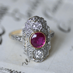 Art Deco Two Tone Bezel Round Cut Ruby & White Sapphire Engagement Ring