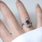Art Deco Two Tone Bezel Round Cut Ruby & White Sapphire Engagement Ring
