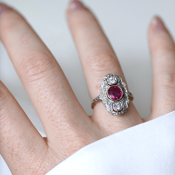 Art Deco Two Tone Bezel Round Cut Ruby & White Sapphire Engagement Ring