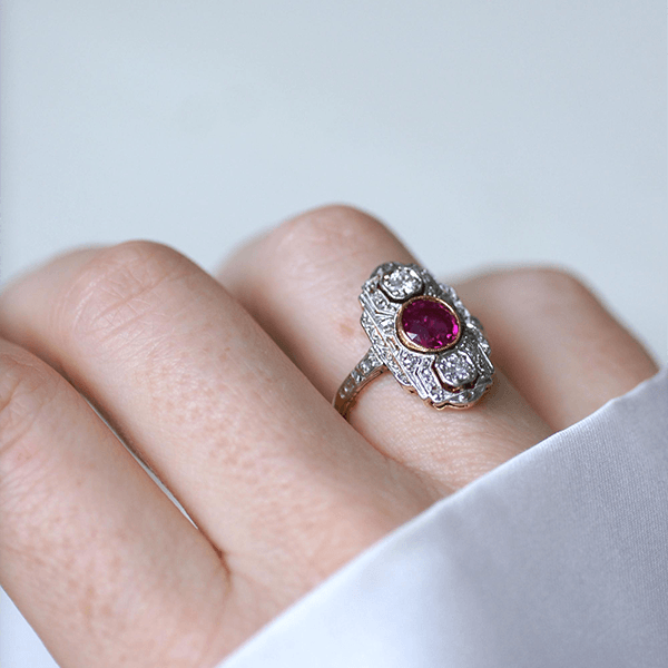 Art Deco Two Tone Bezel Round Cut Ruby & White Sapphire Engagement Ring