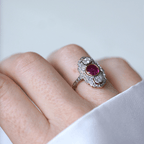 Art Deco Two Tone Bezel Round Cut Ruby & White Sapphire Engagement Ring