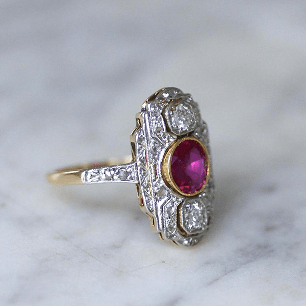 Art Deco Two Tone Bezel Round Cut Ruby & White Sapphire Engagement Ring