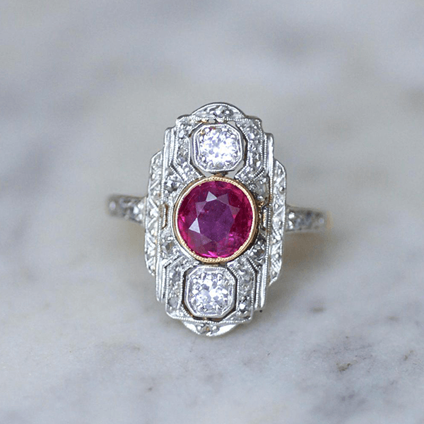 Art Deco Two Tone Bezel Round Cut Ruby & White Sapphire Engagement Ring