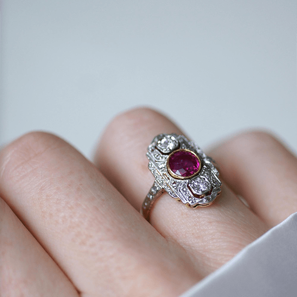 Art Deco Two Tone Bezel Round Cut Ruby & White Sapphire Engagement Ring