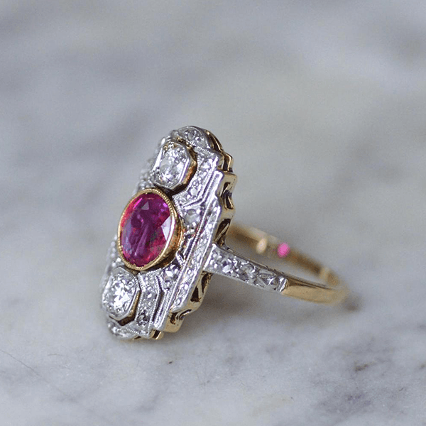 Art Deco Two Tone Bezel Round Cut Ruby & White Sapphire Engagement Ring