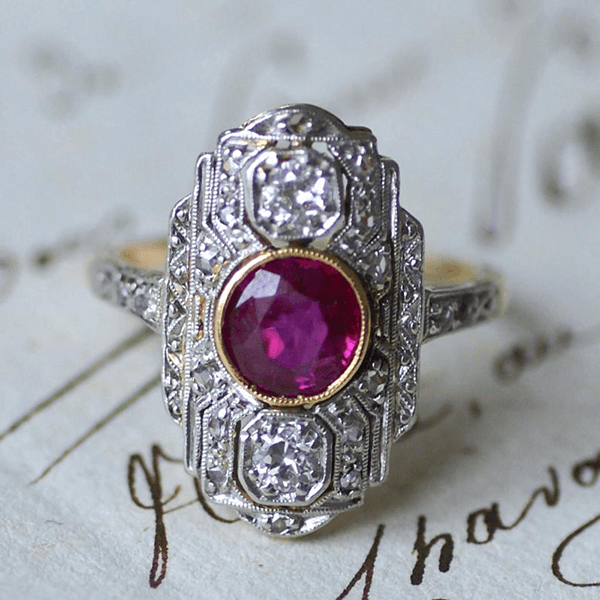 Art Deco Two Tone Bezel Round Cut Ruby & White Sapphire Engagement Ring