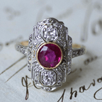Art Deco Two Tone Bezel Round Cut Ruby & White Sapphire Engagement Ring