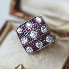 Antique Checkered Design Two Tone Round & Asscher Cut White & Ruby Sapphire Cocktail Ring For Women