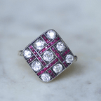 Antique Checkered Design Two Tone Round & Asscher Cut White & Ruby Sapphire Cocktail Ring For Women