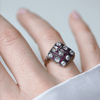 Antique Checkered Design Two Tone Round & Asscher Cut White & Ruby Sapphire Cocktail Ring For Women