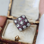 Antique Checkered Design Two Tone Round & Asscher Cut White & Ruby Sapphire Cocktail Ring For Women