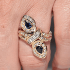 Vintage Navette Design Yellow Gold Halo Pear Cut Blue Sapphire Cocktail Ring For Women