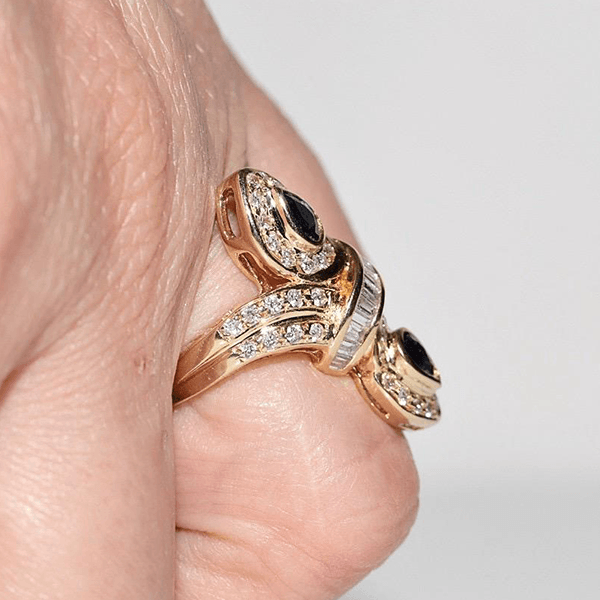 Vintage Navette Design Yellow Gold Halo Pear Cut Blue Sapphire Cocktail Ring For Women