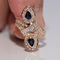 Vintage Navette Design Yellow Gold Halo Pear Cut Blue Sapphire Cocktail Ring For Women