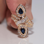 Vintage Navette Design Yellow Gold Halo Pear Cut Blue Sapphire Cocktail Ring For Women