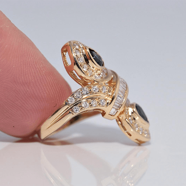 Vintage Navette Design Yellow Gold Halo Pear Cut Blue Sapphire Cocktail Ring For Women
