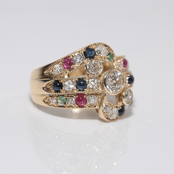 Vintage Yellow Gold Bezel Round Cut White & Ruby & Emerald & Blue Sapphire Engagement Ring