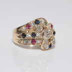 Vintage Yellow Gold Bezel Round Cut White & Ruby & Emerald & Blue Sapphire Engagement Ring