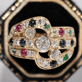 Vintage Yellow Gold Bezel Round Cut White & Ruby & Emerald & Blue Sapphire Engagement Ring