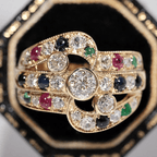 Vintage Yellow Gold Bezel Round Cut White & Ruby & Emerald & Blue Sapphire Engagement Ring