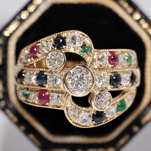 Vintage Yellow Gold Bezel Round Cut White & Ruby & Emerald & Blue Sapphire Engagement Ring