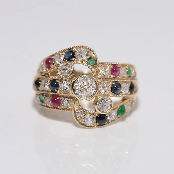 Vintage Yellow Gold Bezel Round Cut White & Ruby & Emerald & Blue Sapphire Engagement Ring