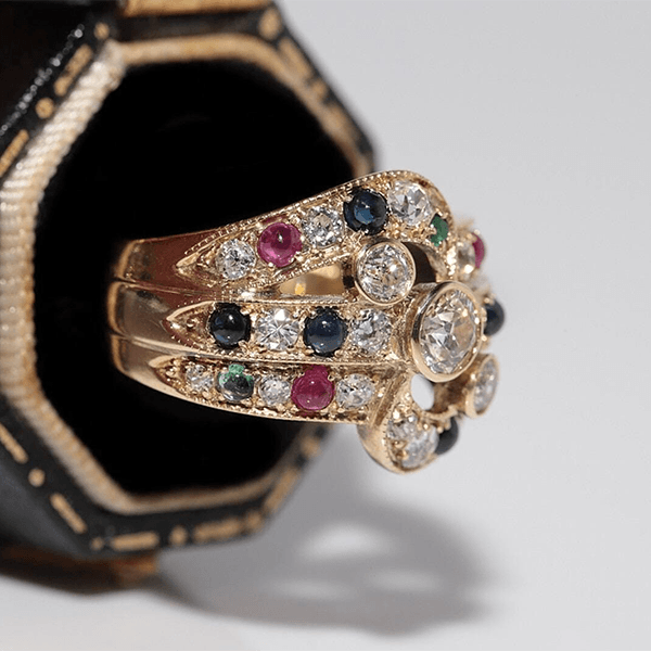 Vintage Yellow Gold Bezel Round Cut White & Ruby & Emerald & Blue Sapphire Engagement Ring