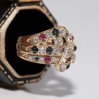 Vintage Yellow Gold Bezel Round Cut White & Ruby & Emerald & Blue Sapphire Engagement Ring