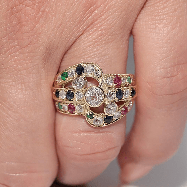 Vintage Yellow Gold Bezel Round Cut White & Ruby & Emerald & Blue Sapphire Engagement Ring