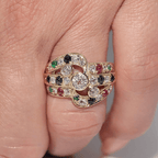 Vintage Yellow Gold Bezel Round Cut White & Ruby & Emerald & Blue Sapphire Engagement Ring