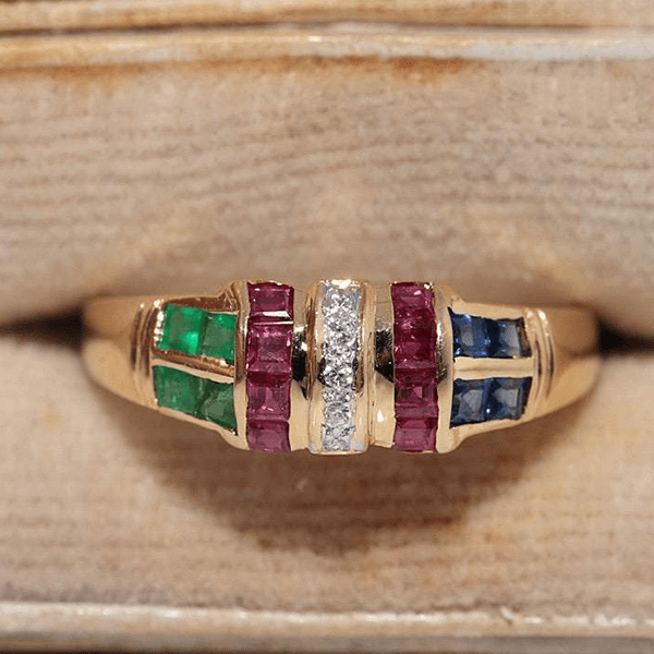 Vintage Yellow Gold Asscher Cut Ruby & Blue & Emerald Sapphire Half Eternity Wedding Band For Women