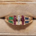 Vintage Yellow Gold Asscher Cut Ruby & Blue & Emerald Sapphire Half Eternity Wedding Band For Women