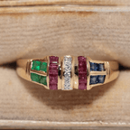 Vintage Yellow Gold Asscher Cut Ruby & Blue & Emerald Sapphire Half Eternity Wedding Band For Women