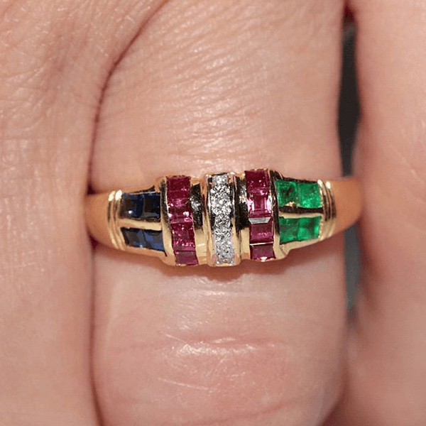 Vintage Yellow Gold Asscher Cut Ruby & Blue & Emerald Sapphire Half Eternity Wedding Band For Women